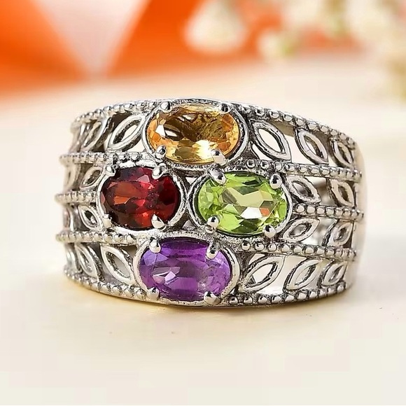 Multi Gemstone in Platinum Plated Ring - Picture 2 of 8
